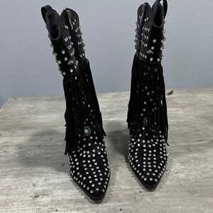 Studded Fringe Black Heeled Boots